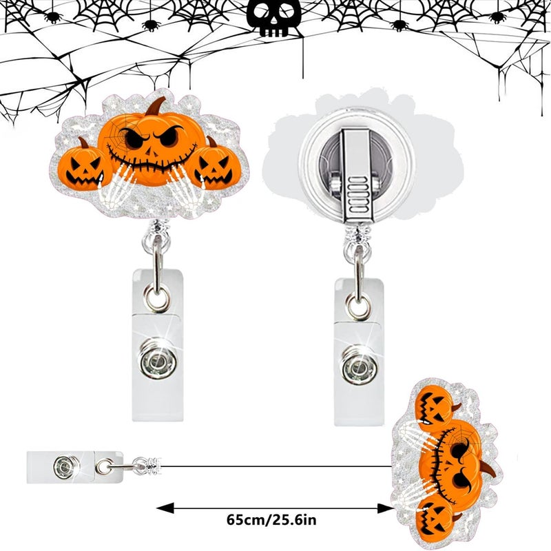 NSSHEL Halloween Pumpkin Badge Reel Cute Glitter Badge Holder Badge Clip Nurse Badge Reel Halloween Handbone Retractable Name Badge Name Tag Holder Nursing Student Social Worker Gift for Coworker - Image 4